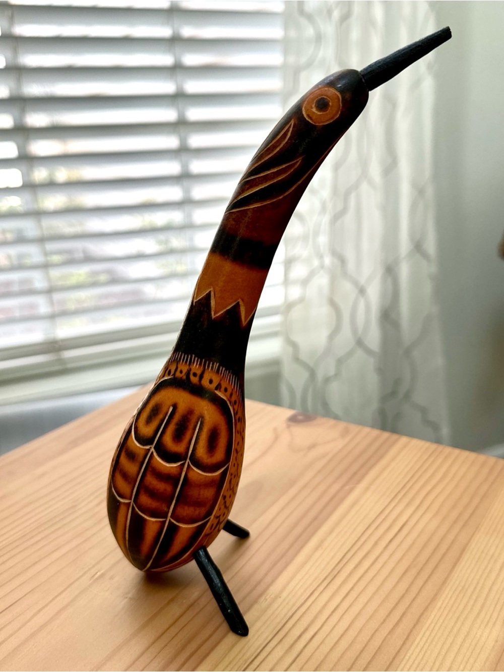 Vintage Peruvian Dried Gourd Hand-Carved Bird 8" Folk Art Figurine Painted